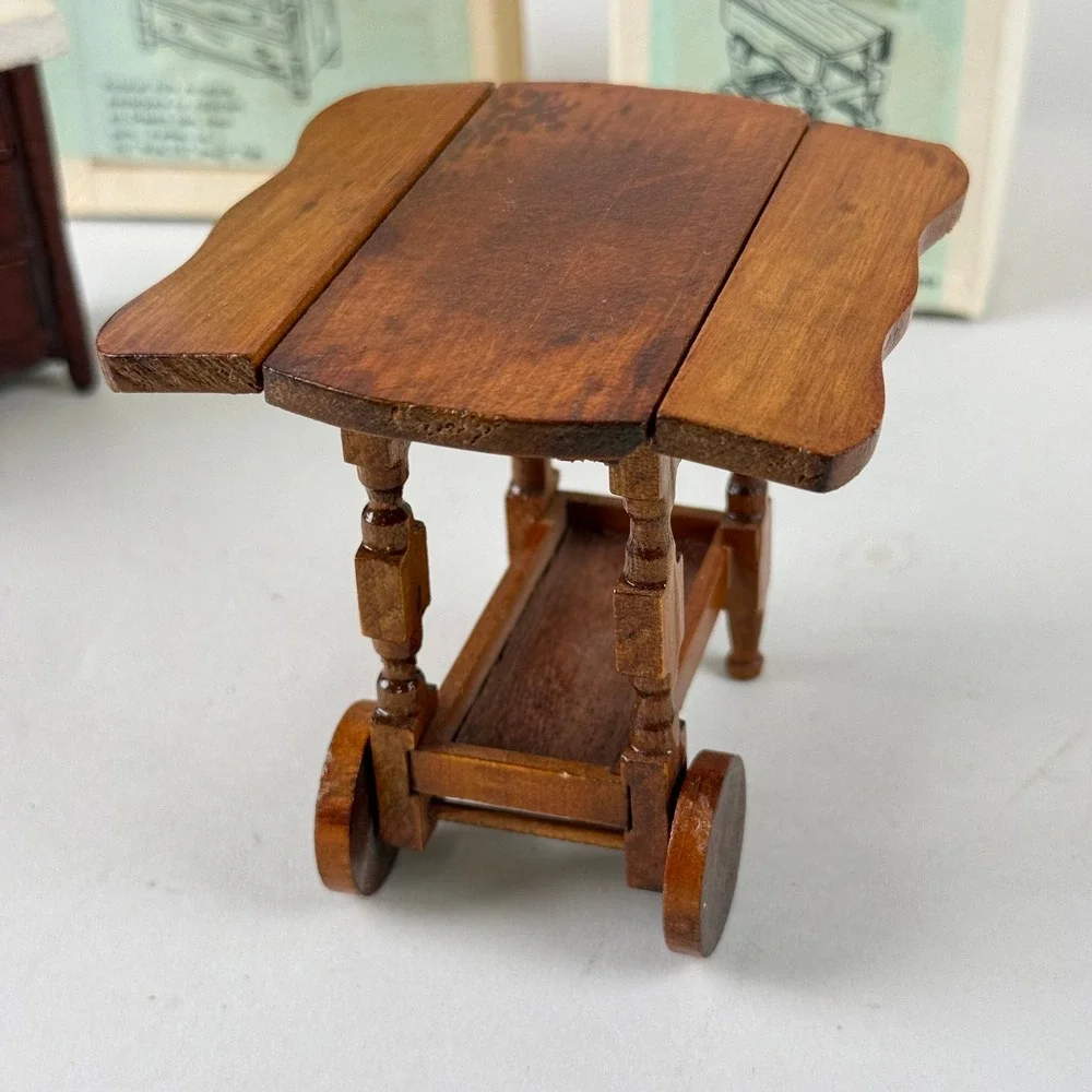 Vtg Doll house furniture Hardwood Miniature Victorian‎ Dresser and Tea Cart 1:12